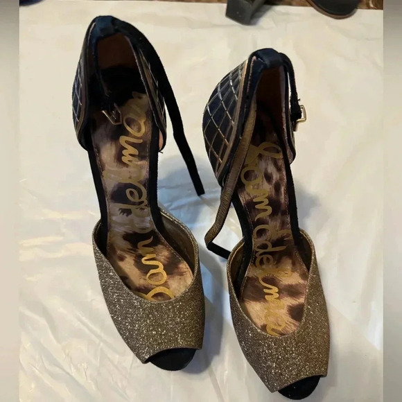 Sam Edelman Paulette Heel Gold Black Posh peep-toe silhouette pump Sparkle 6 - Picture 2 of 8